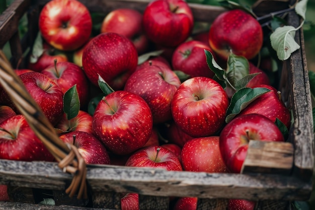 Foto manzanas rojas frescas ordenadamente dispuestas en una caja de madera festivales de cosecha y recolección de manzanas