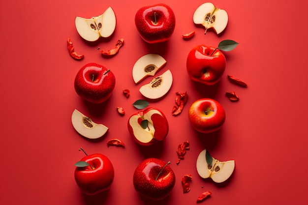 Manzanas rojas frescas sobre el concepto de fondo rojo, diseño plano de manzanas derramadas