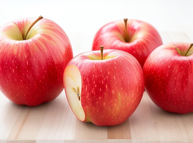 Manzanas rojas frescas suaves jugosas enteras perfectas en el escritorio blanco