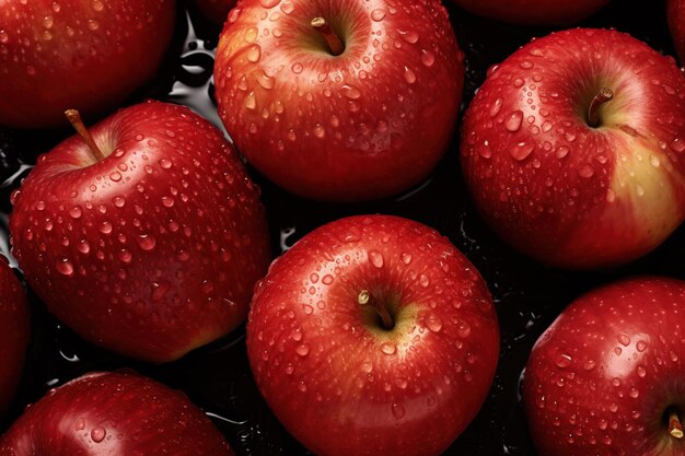 manzanas rojas con gotas de agua en fondo negro vista superior de cerca