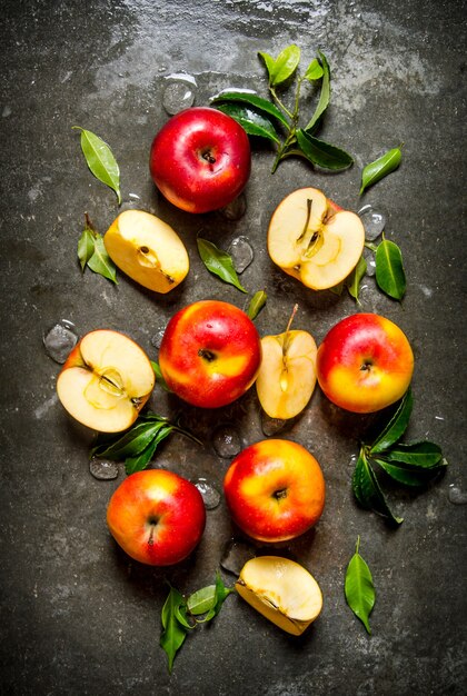 Manzanas rojas con hojas sobre un fondo de piedra