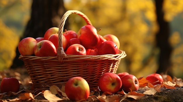 Manzanas rojas maduras en una canasta en el jardín creadas con tecnología de IA generativa