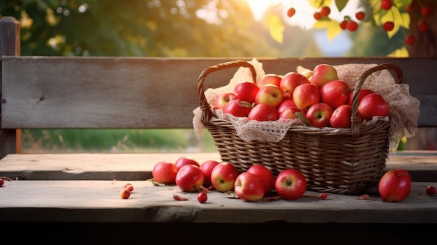 Manzanas rojas maduras en una canasta en el jardín creadas con tecnología de IA generativa