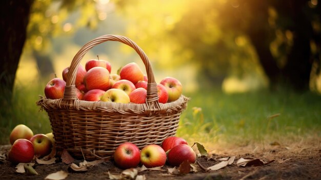 Manzanas rojas maduras en una canasta en el jardín creadas con tecnología de IA generativa