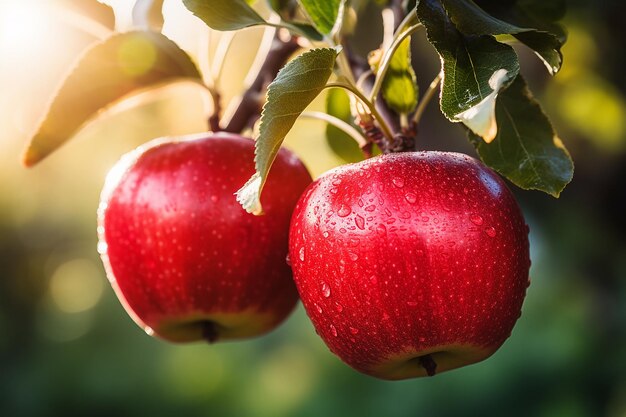 Manzanas rojas maduras colgando de una rama