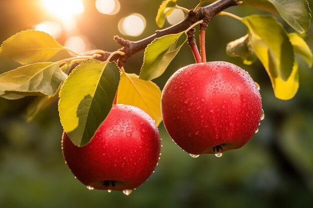 Manzanas rojas maduras colgantes