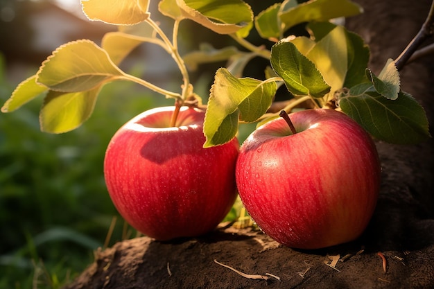 Las manzanas rojas maduras cuelgan de las ramas