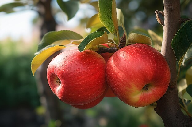 Foto las manzanas rojas maduras cuelgan de las ramas