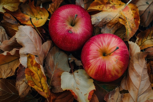 Las manzanas rojas maduras en las hojas de otoño