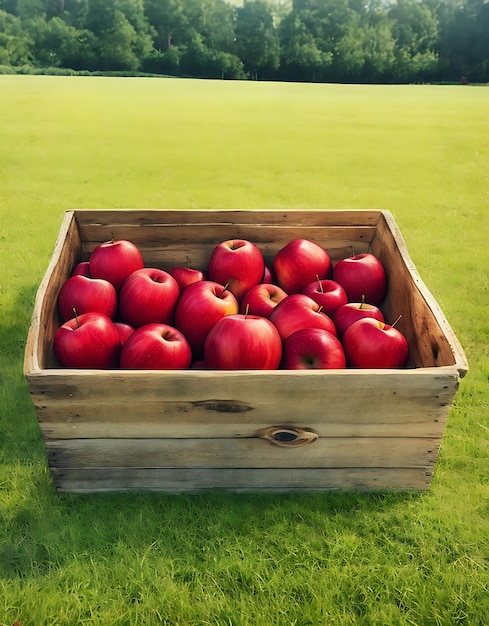 Manzanas rojas orgánicas en una caja de madera en el campo