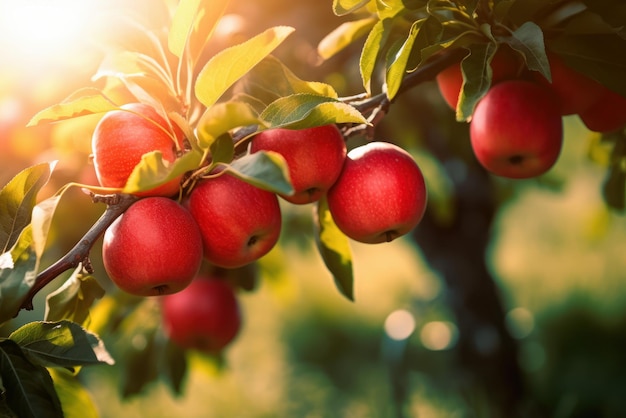 manzanas rojas en una rama en un huerto enfoque selectivo