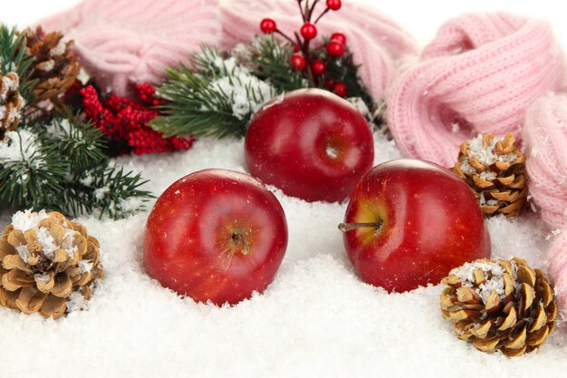 Manzanas rojas con ramas de abeto y bufanda tejida en la nieve de cerca