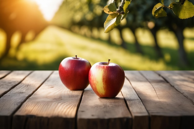 Manzanas rojas sobre una mesa de madera iluminada por el sol con fondo de granja de manzanas Cosecha fresca y jugosa