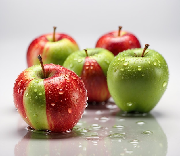 Foto manzanas rojas y verdes con gotas de agua en un fondo blanco de primer plano