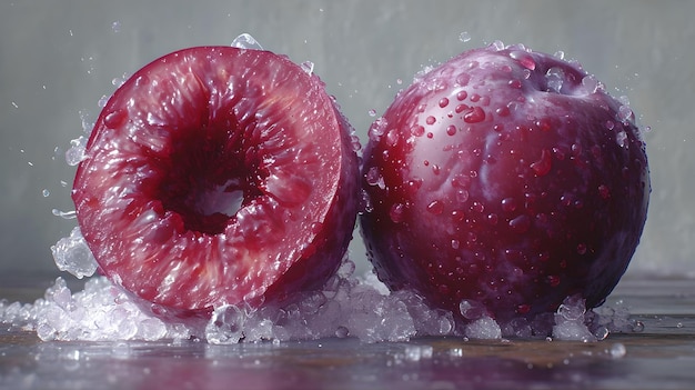 Manzanas rojas vibrantes salpicadas de la frescura del agua capturadas con gran detalle, ideales para temas culinarios AI