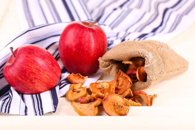 Manzanas secas y manzanas frescas sobre fondo blanco de madera