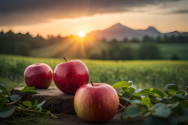 manzanas sobre una mesa con la puesta de sol de fondo