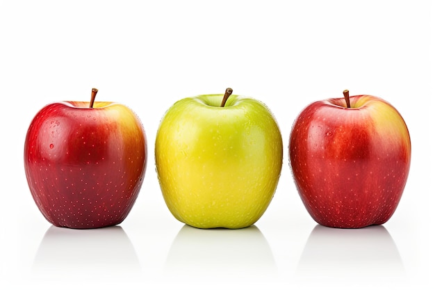 Foto manzanas de varios colores aisladas en blanco con profundidad