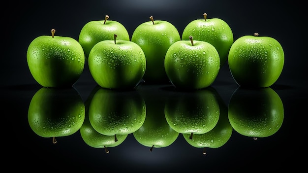 Manzanas verdes en espejo negro