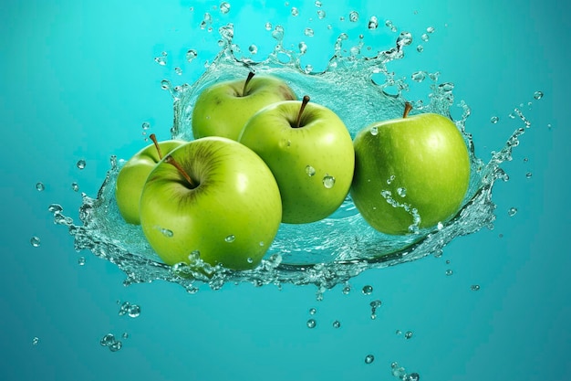 Manzanas verdes frescas caen al agua con un toque sobre fondo azul.