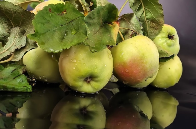Manzanas verdes en gotas de agua con lados rojizos sobre un fondo negro.