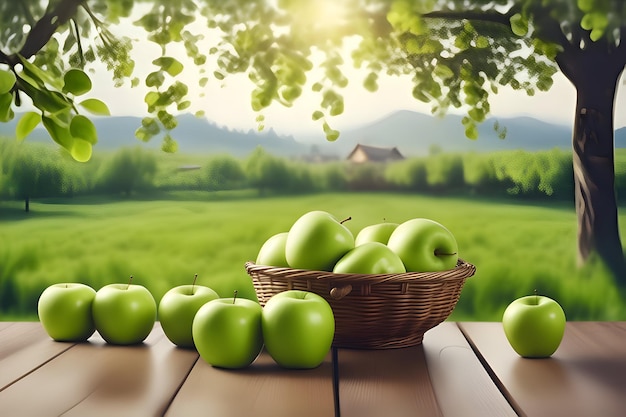 Foto las manzanas verdes de granny smith en una mesa de madera con una vista borrosa del paisaje natural