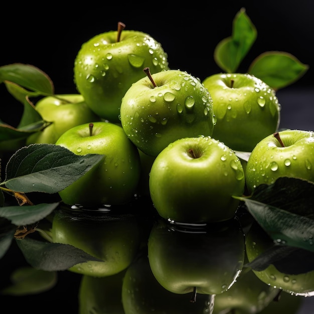 Manzanas verdes con hojas sobre un fondo negro