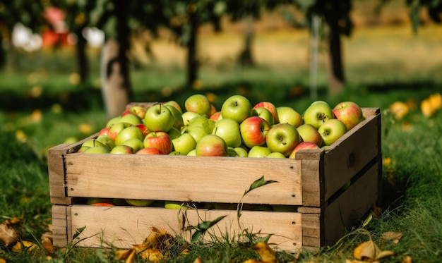 Manzanas verdes con el lado rojo en la caja de madera Manzanas cosechadas en el jardín a la luz del sol Fondo borroso IA generativa