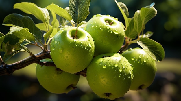 manzanas verdes maduras en la rama del manzano en el jardín closeup generative ai