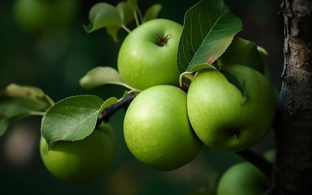 Manzanas verdes en una rama con hojas