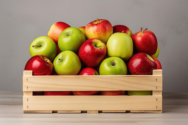 Manzanas verdes y rojas en caja de madera