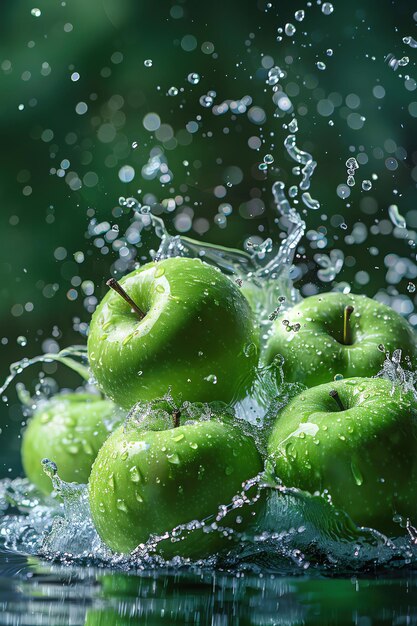 Foto manzanillas verdes salpicando en el agua fondo verde vibrante captura dinámica en el aire