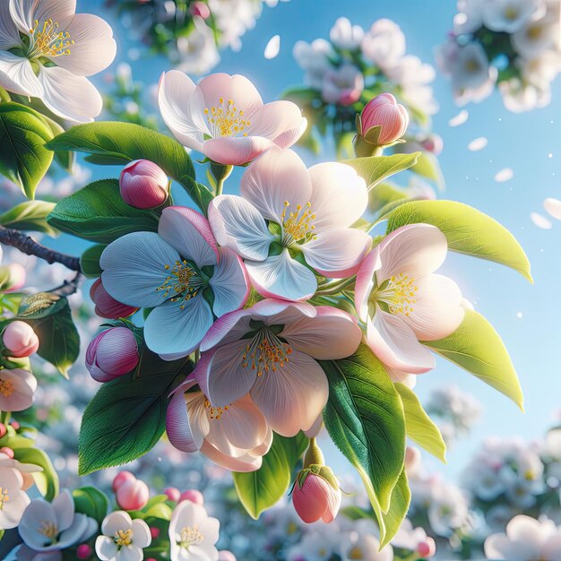 El manzano en flor florece de cerca el cielo azul claro