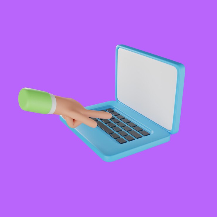 Foto mão 3d segurando o ícone de trabalho usando um laptop. as mãos do personagem estão trabalhando no laptop.
