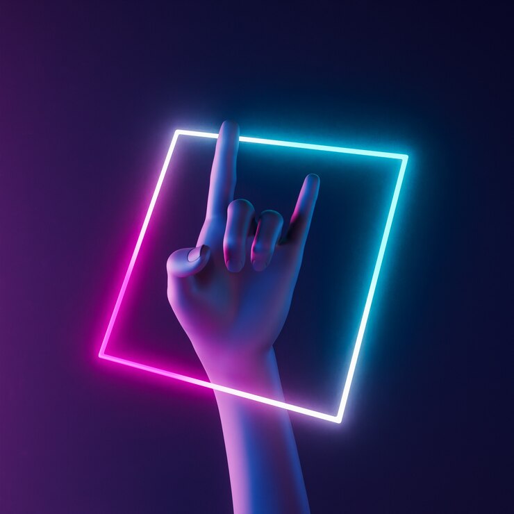 Mão abstrata com gesto de rock and roll e caixa de néon iluminando. conceito de música. 3d render