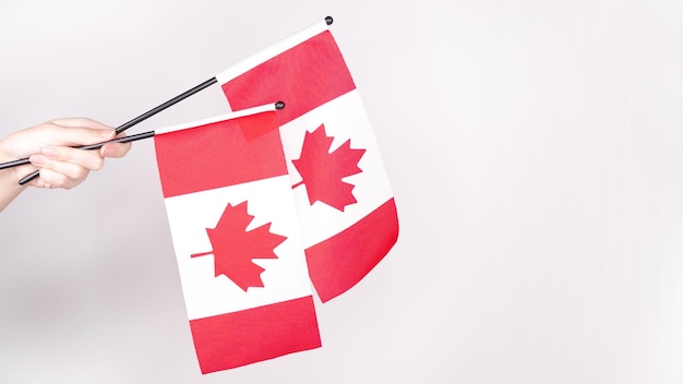 Mão acenando com orgulho a bandeira nacional do Canadá Voto do dia do Canadá