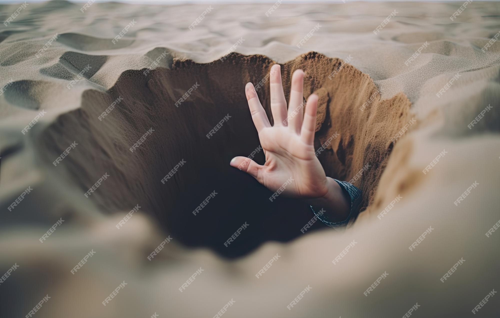 Mão afundando na areia movediça tentando tirar dicas para sobreviver no  deserto enterrado