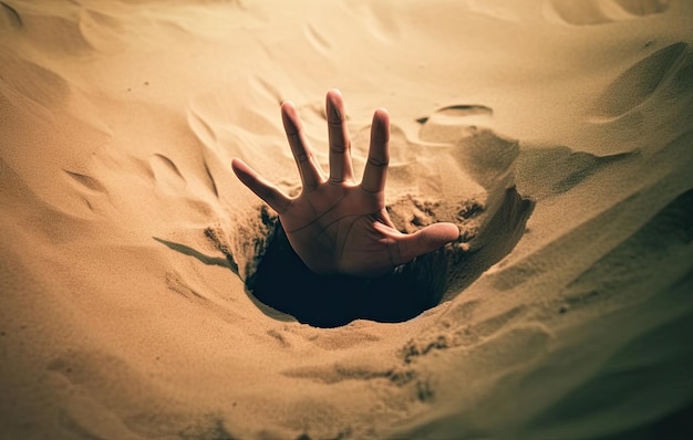 Mão afundando na areia movediça tentando tirar dicas para sobreviver no  deserto enterrado