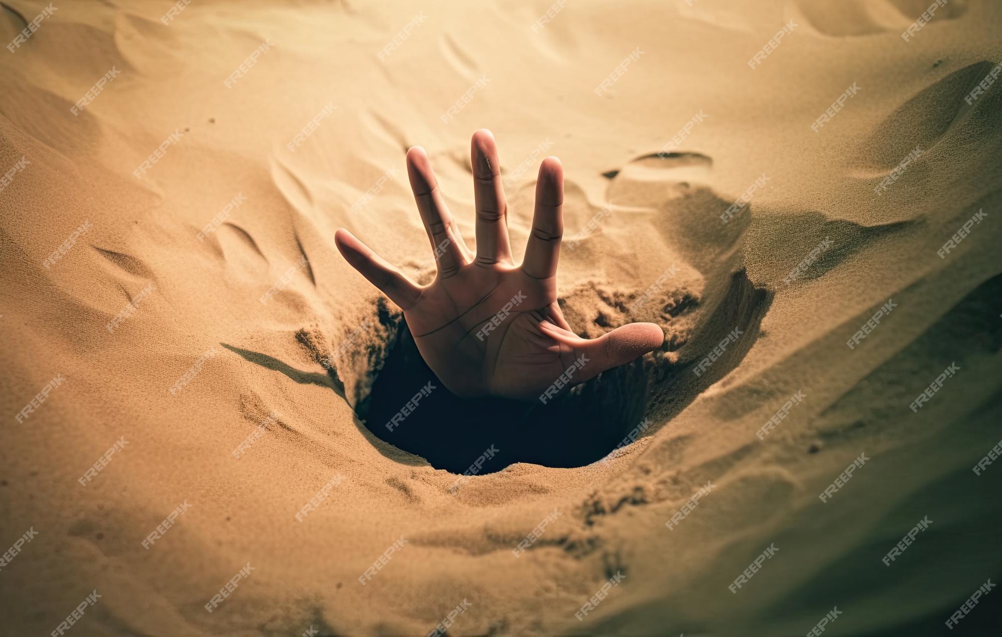 Mão afundando na areia movediça tentando tirar dicas para sobreviver no  deserto enterrado