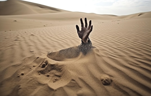 Mão afundando na areia movediça tentando tirar dicas para sobreviver no  deserto enterrado