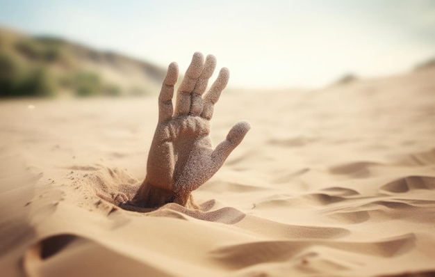 Mão afundando na areia movediça tentando tirar dicas para sobreviver no  deserto enterrado