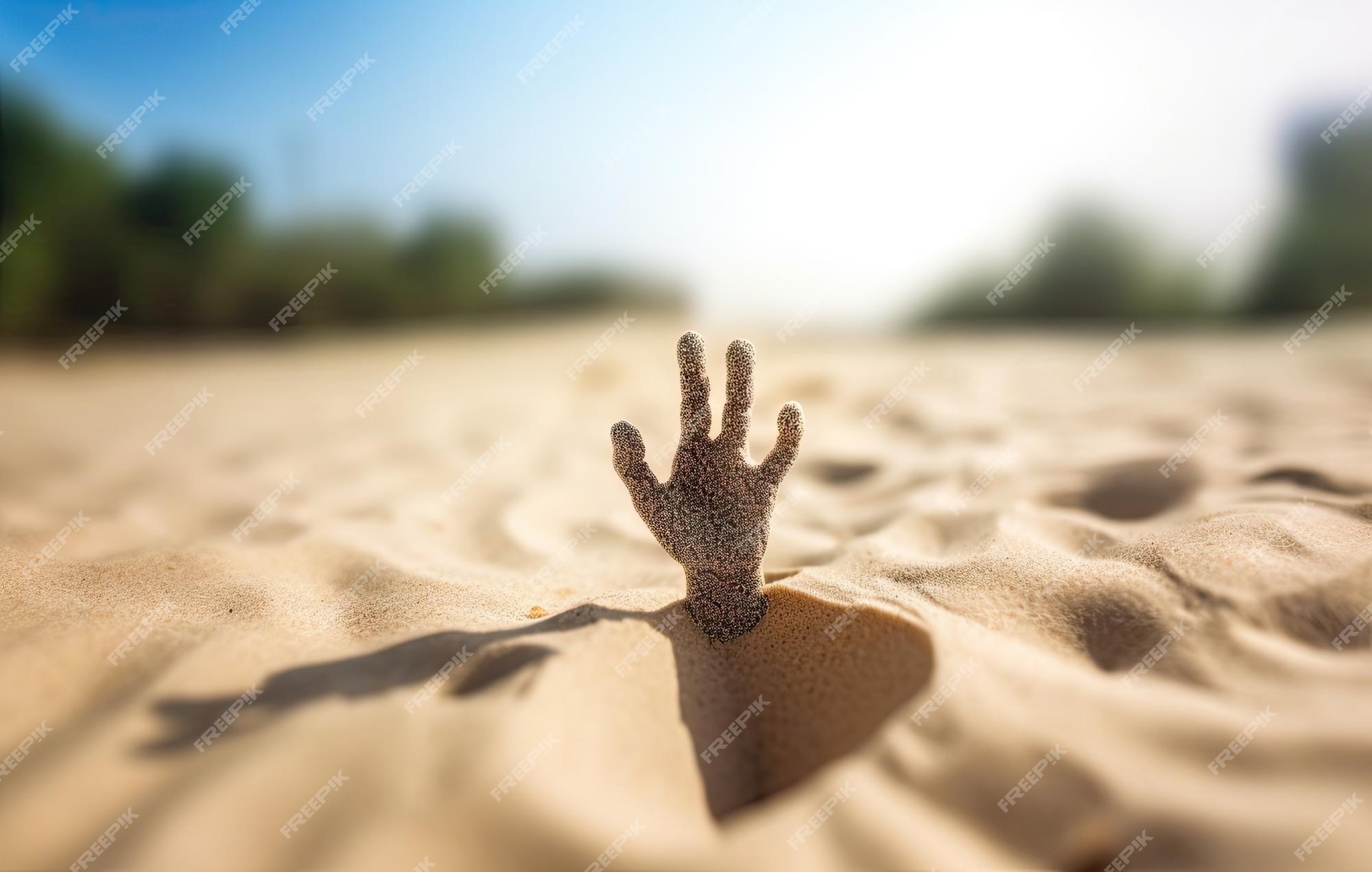 Mão afundando na areia movediça tentando tirar dicas para sobreviver no  deserto enterrado