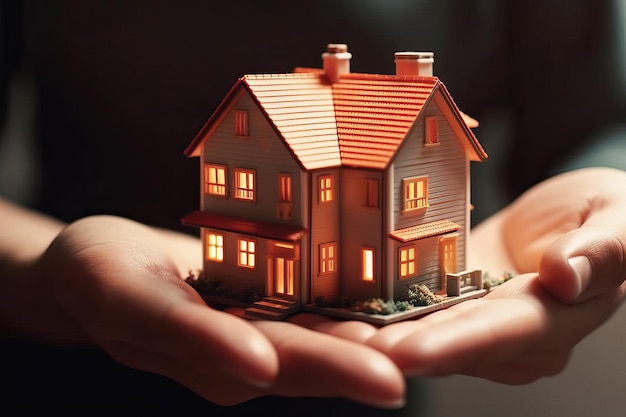 Mão apresentando casa modelo para campanha de empréstimo à habitação Seguro residencial e familiar