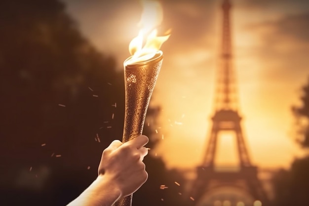 Foto mão arrafada segurando uma tocha na frente da torre eiffel generativa ai