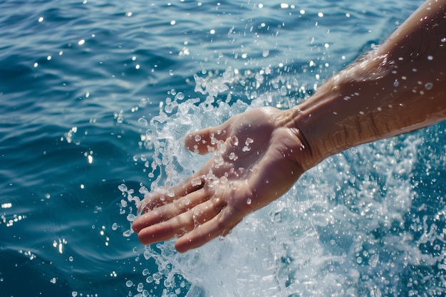 Mão batendo na superfície dos oceanos causando uma explosão de spray