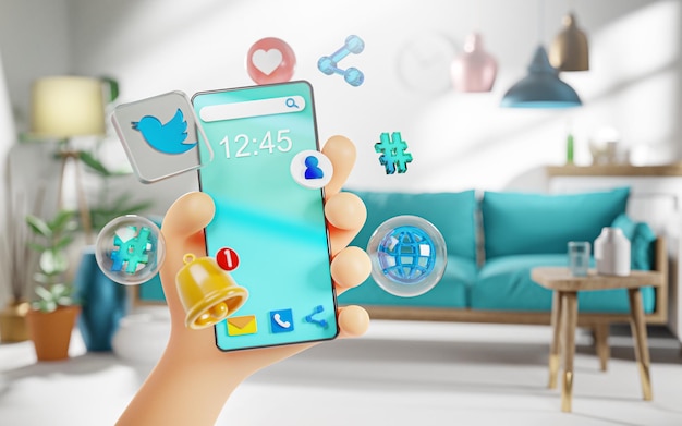 Mão bonita segurando ícones do Twitter de telefone inteligente na sala de estar, conceito de vida moderna futura, renderização em 3D