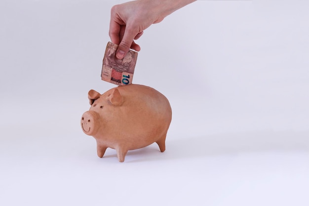 Mão branca colocando dinheiro brasileiro em moeda de porco isolada no fundo branco