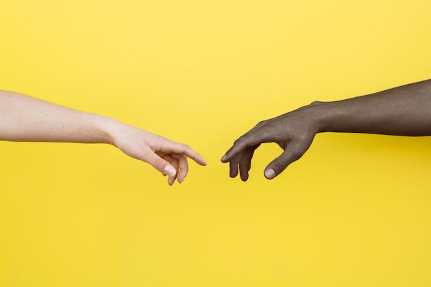 Foto mão branca e mão negra prestes a se tocar