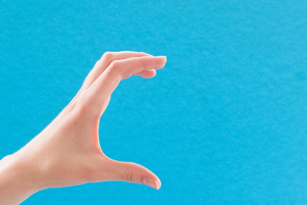 Mão caucasiana feminina em um fundo azul mostrando gesto de pegar algo agarrando closeup