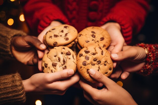 mão circular unida segurando biscoito de chocolate no Natal Generative AI